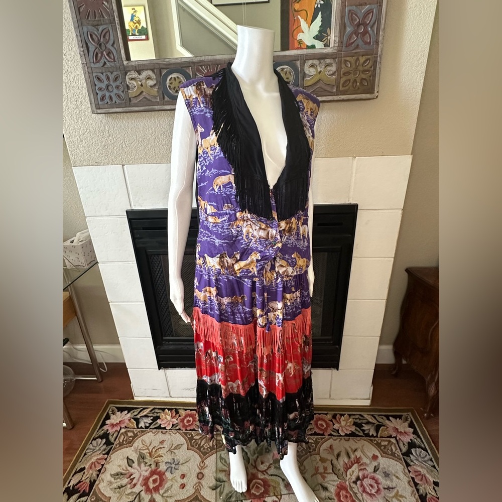 Rayon Set Equestrian Horse Long Skirt Drawstring Fringe Vest VTG 38” Waist M/L
